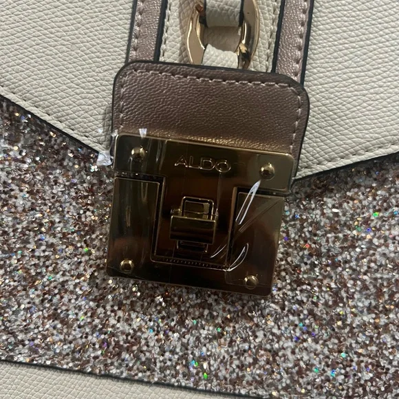 Aldo Cream Glitter Accent Top-Handle Bag with Gold Chain Detail - Picture 4 of 6